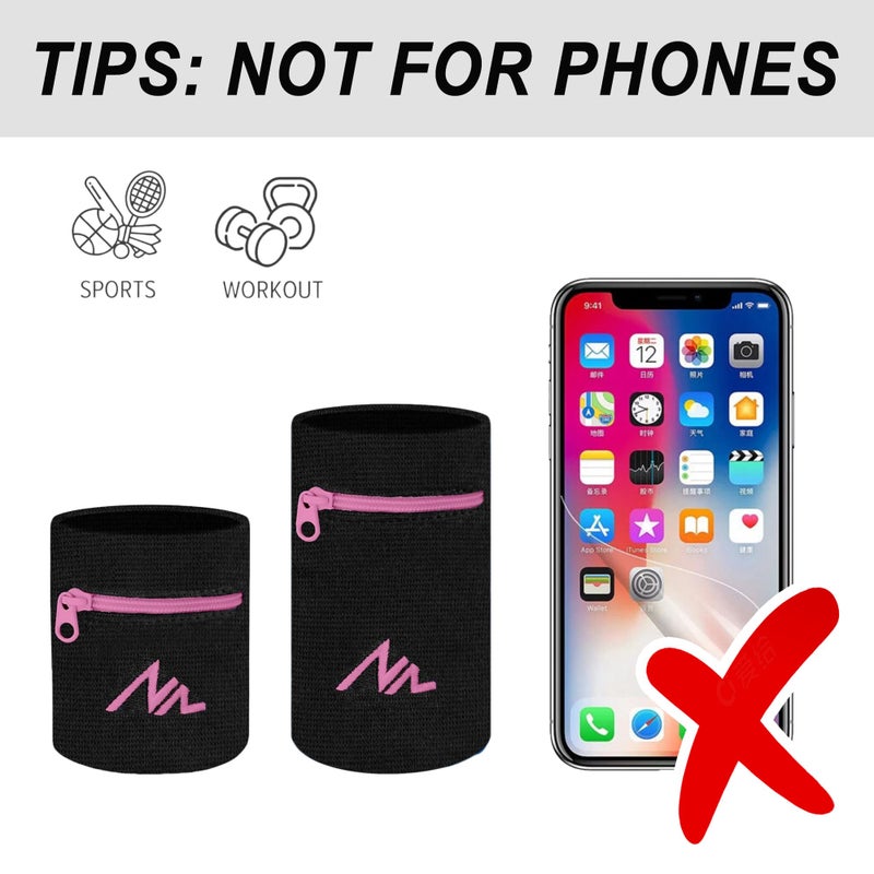 NEWZILL Wrist Wallet Wristband with Zipper - Cotton Sweatbands for Men & Women, Ideal for Sport, Running, Walking, Basketball, Football, Tennis, Hiking, Workout, and More Long Black/Pink - Image 3